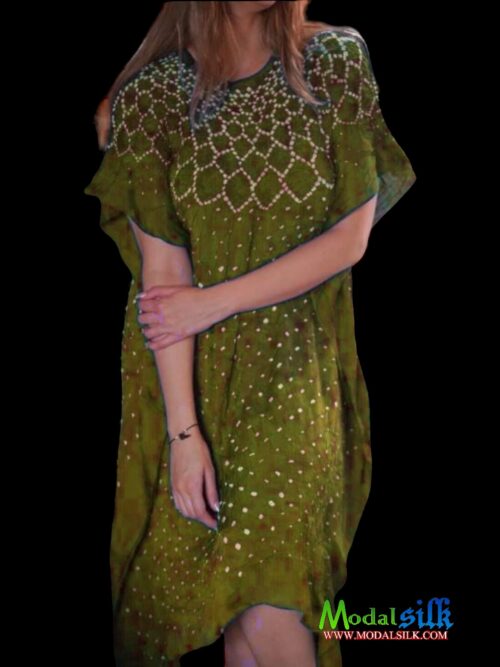 Khaki Modal Silk Bandhani Kaftan