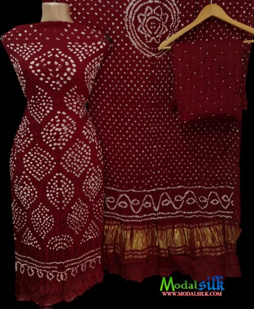 Maroon Modal Silk Bandhani Dress Material Bandhej