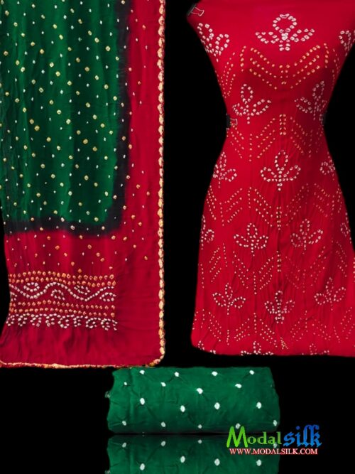 Red Green Modal Silk Bandhani Dress Material Leaf