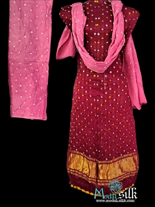 Maroon Pink Modal Silk Bandhani Dress Material Dots