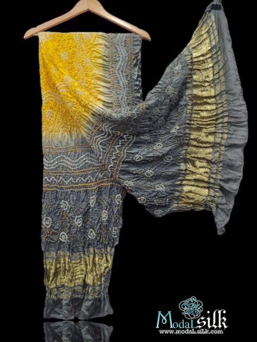 Yellow Grey Modal Silk Bandhani Dupatta Chandrakhani