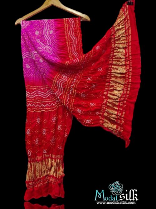 Red Pink Modal Silk Bandhani Dupatta Chandrakhani