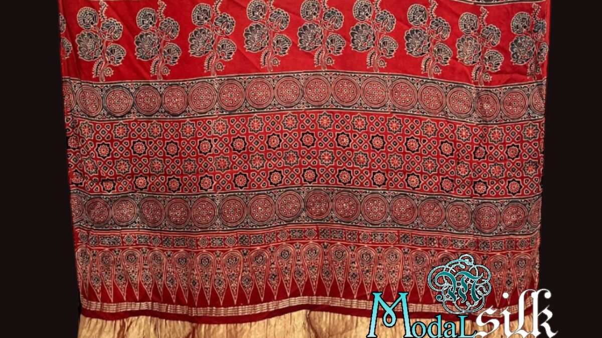Ajrakh Modal Silk Natural Hand Block Print Saree ( Black And Red) | Aaisha  Handicraft